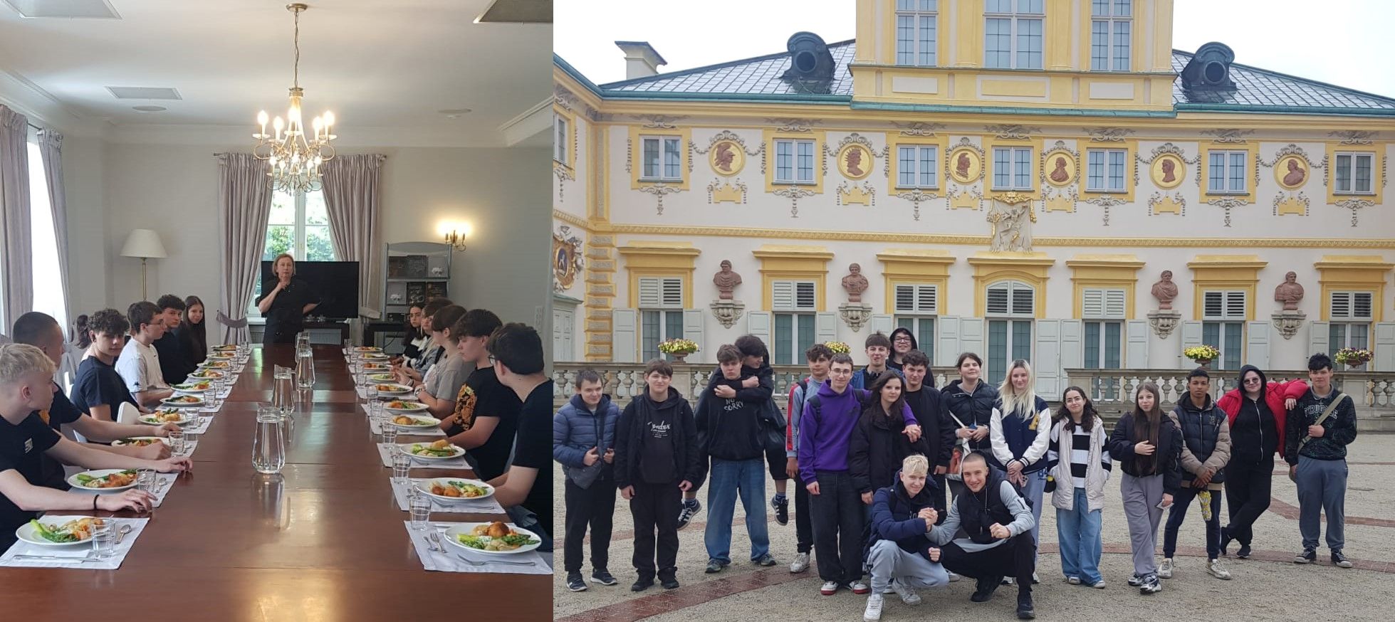 uczniowie podczas warsztatów uczniowie przed pałacem w Wilanowie