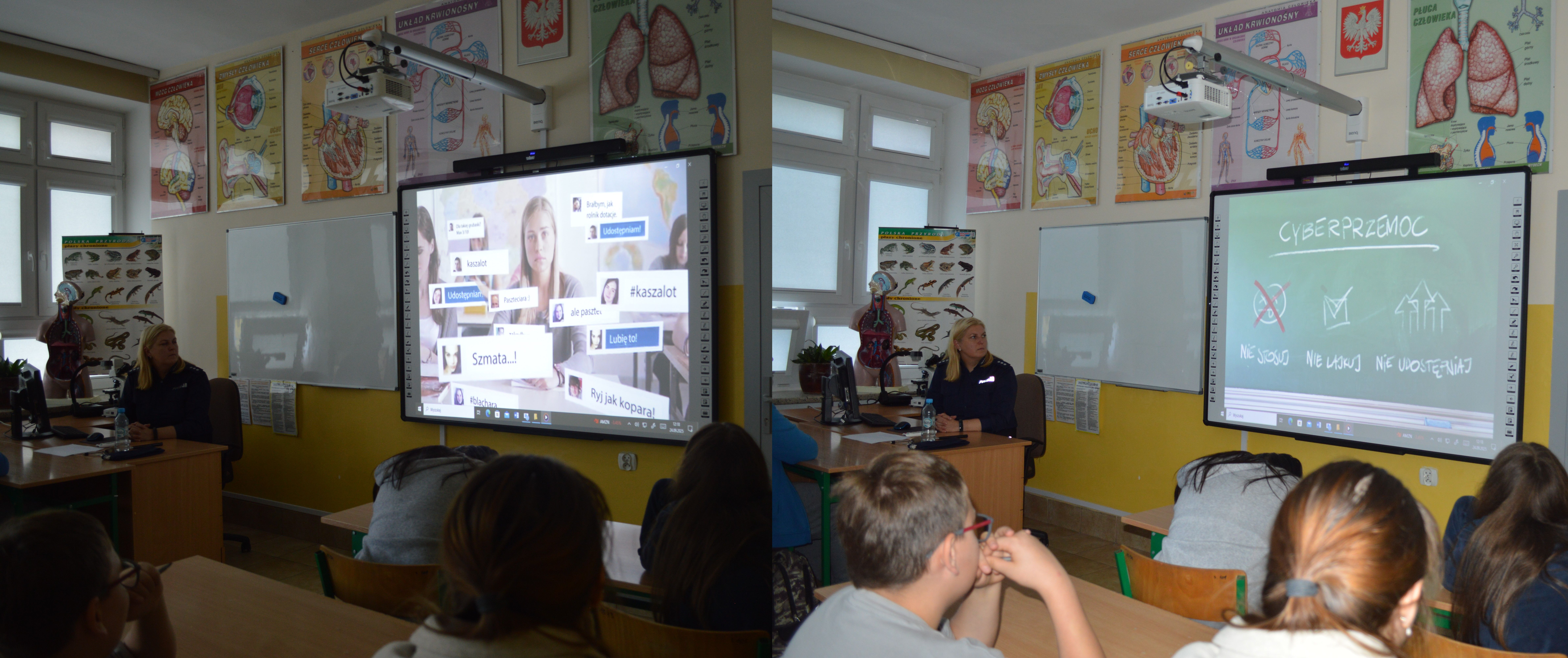 uczniowie podczas spotkania z Panią z policji