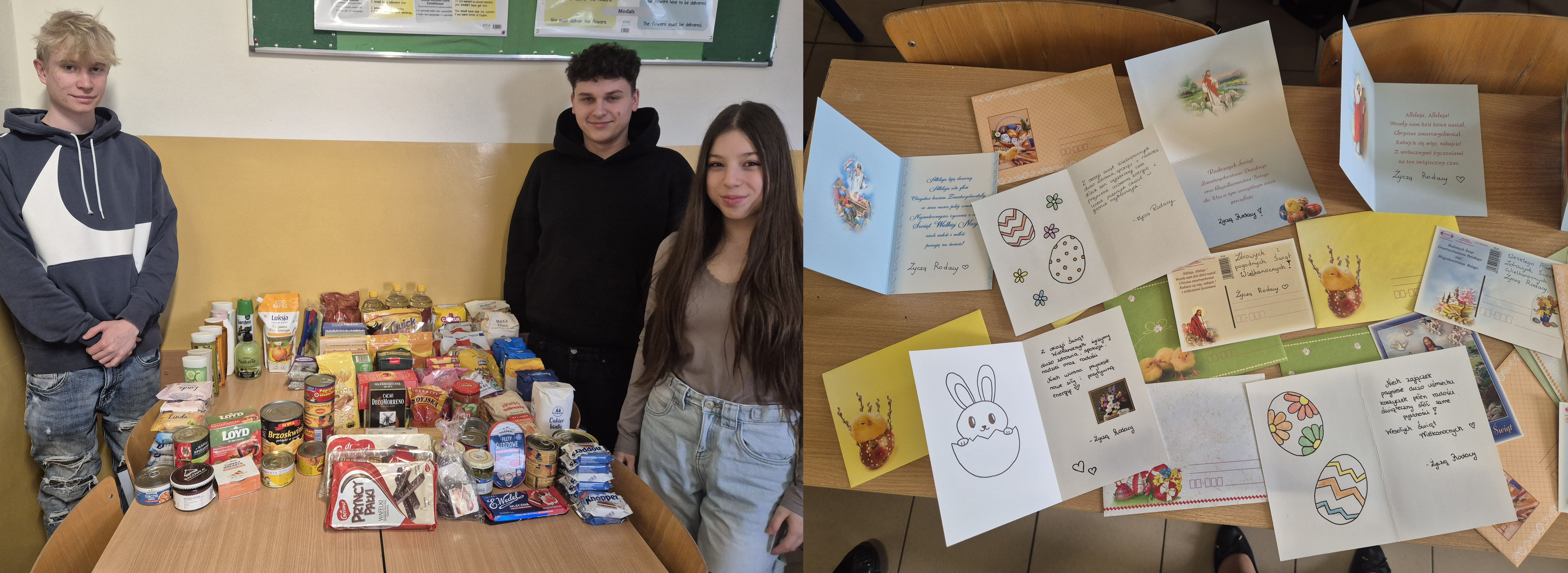 ucnziowie prezentują╠cy dary, kartki świąteczne