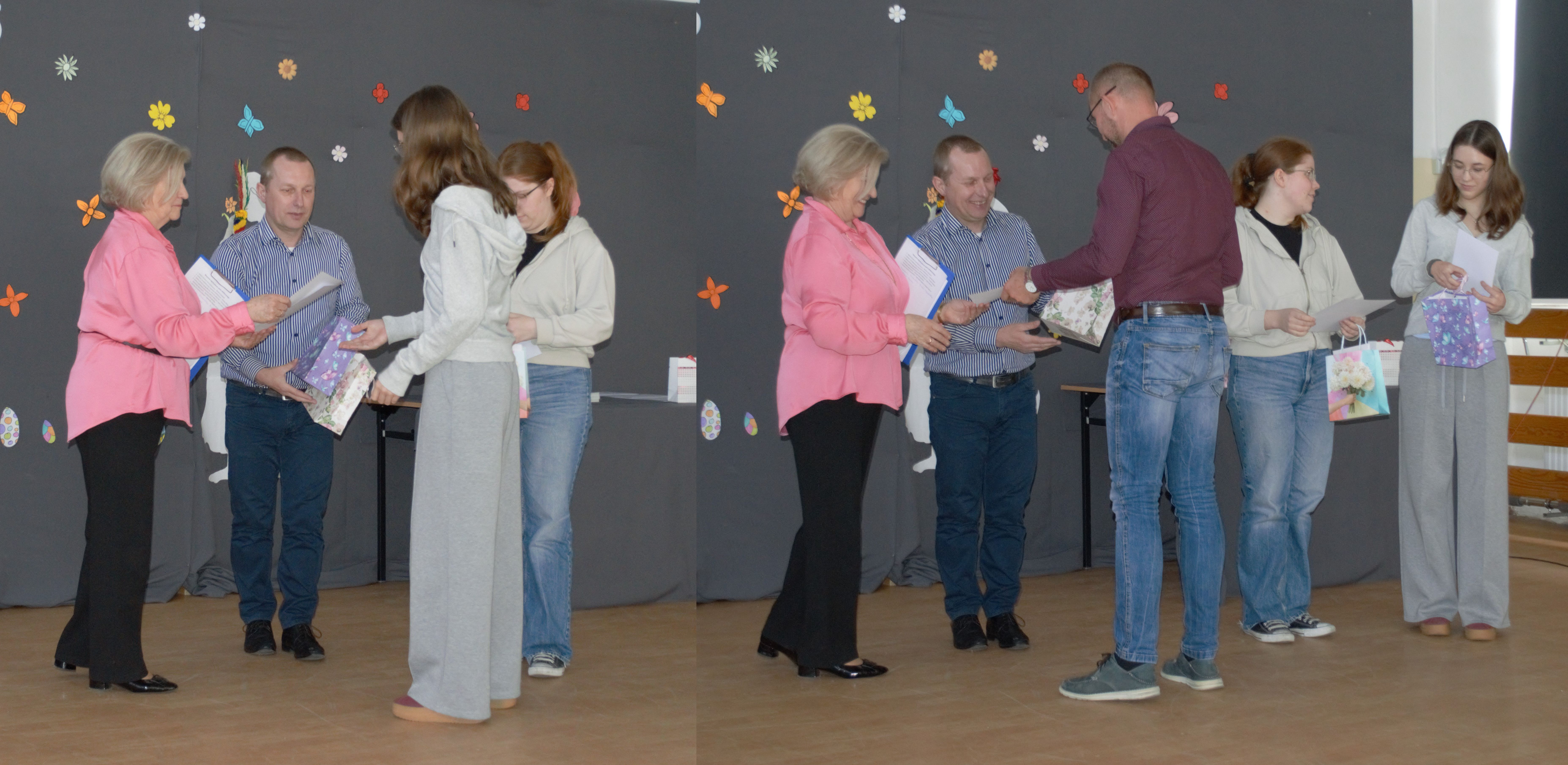 uczniowie odbierający nagrodę za miejsca wyr&oacute;żnione w konkursie