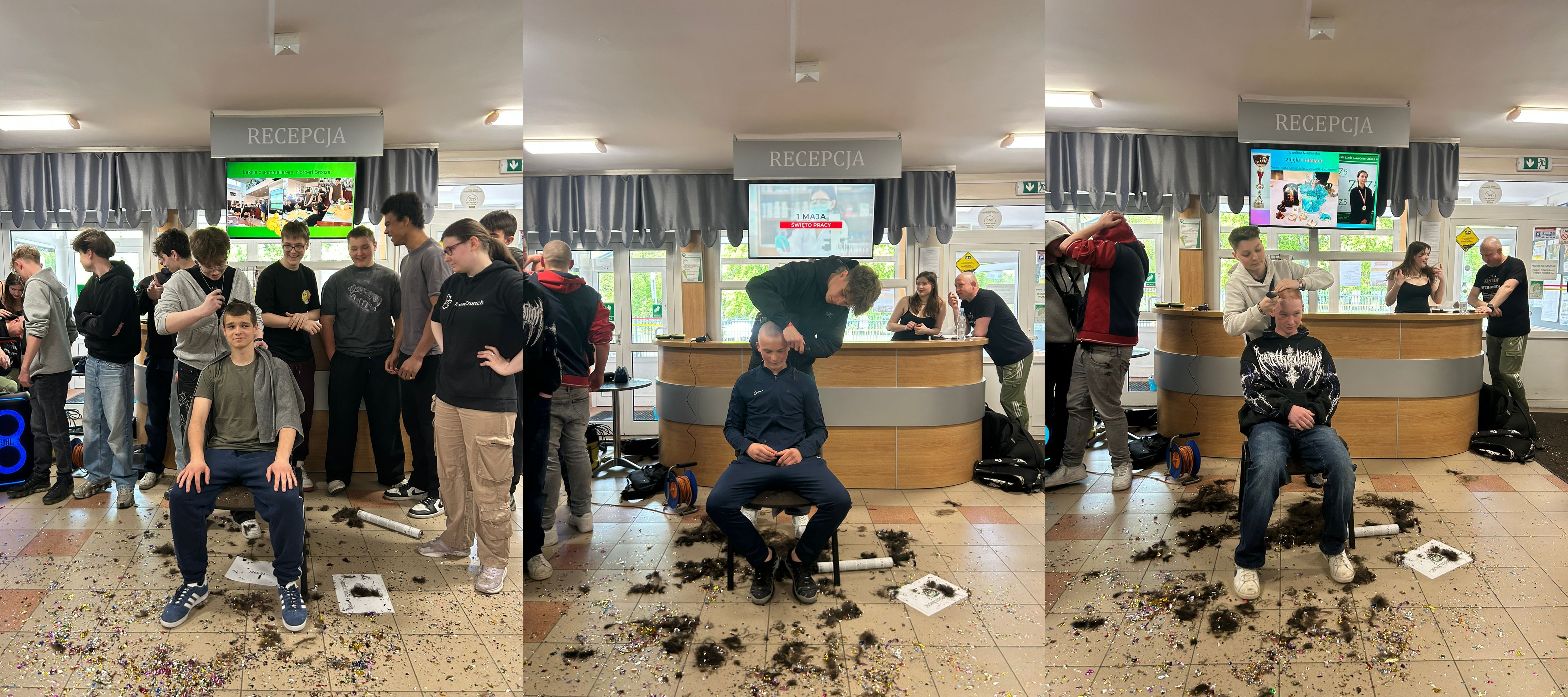uczniowie podczas strzyżenia
