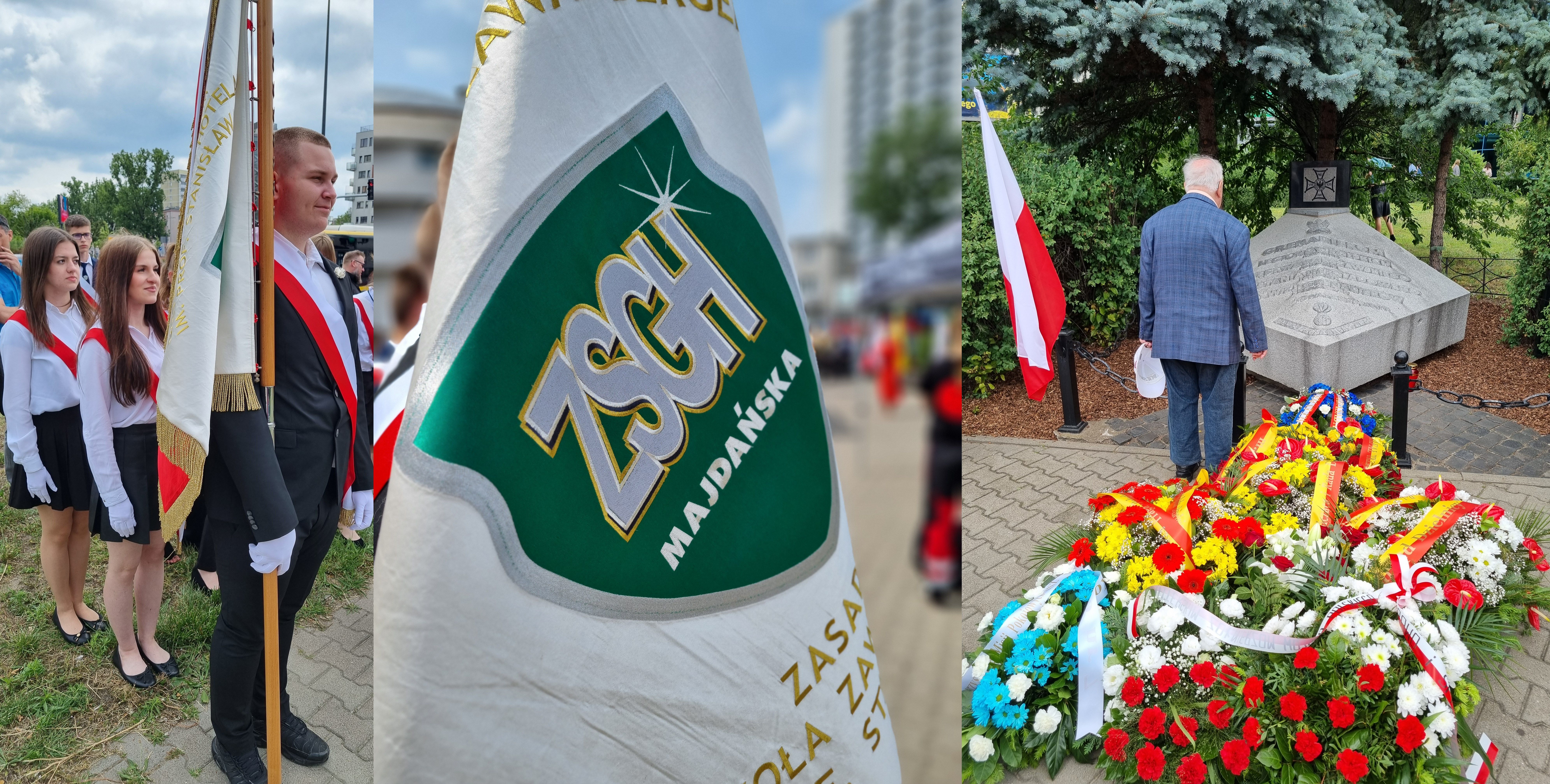 uczniowie podczas uroczystości ze sztandarem szkoły