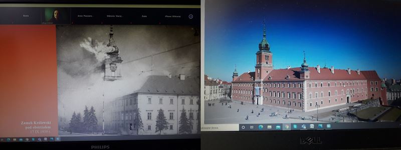 Zdjęcie po lewej, widok płonącego Zamku Królewskiego w Warszawie 17 września 1939r. Zdjęcia po prawej, obecny widok Zamku Królewskiego w Warszawie w 50 ta rocznice podjęcia decyzji o odbudowie.
