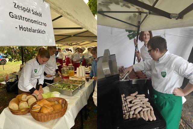 uczniowie przygotowujący stanowiski, uczniowie grilujący kiełbaski